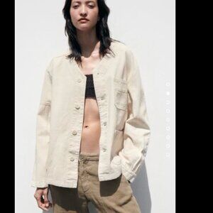 Zara Cream Denim Overshirt Shacket with Pockets NWOT Size Medium